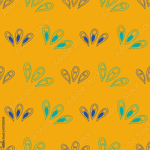 Vector seamless pattern ginko wax with blue and turquoise ginkgo leaves and yellow background