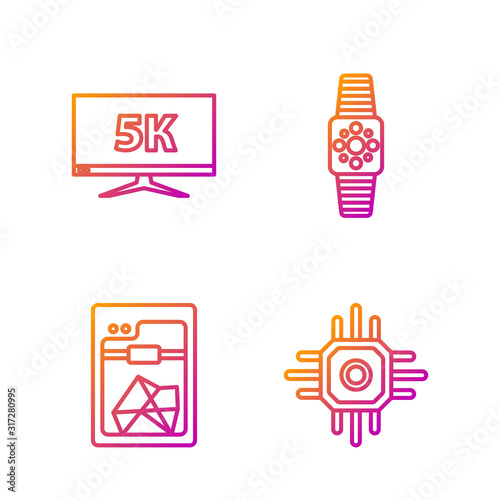 Set line Processor, 3D printer, Monitor display with 5k video and Smartwatch. Gradient color icons. Vector