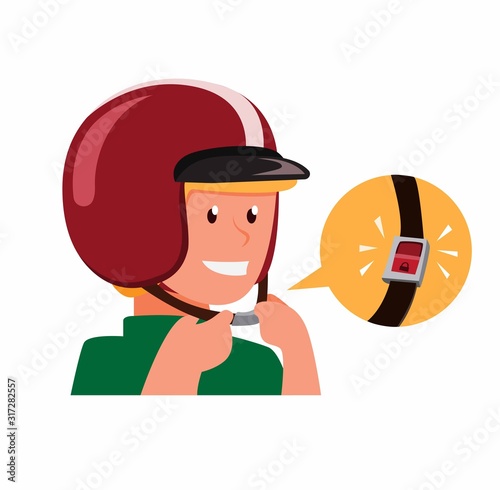 man wear helmet with safety belt, instruction safety riding motorcycle cartoon flat illustration vector