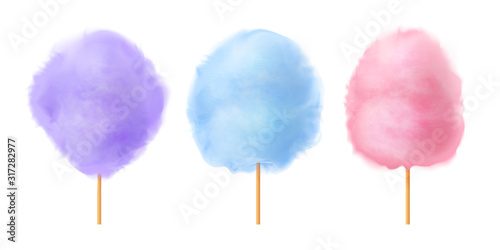 Cotton candy set. Realistic blue purple pink cotton candies on wooden sticks. Summer tasty and sweet snack for children. 3d vector realistic illustration isolated on white background