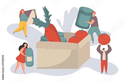 Tiny People Filling Cardboard Donation Box with Different Food and Products for Help to Poor People in Shelter, Support Social Care, Volunteering and Charity Concept. Flat Vector Illustration isolated