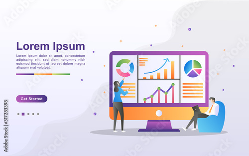 Data analysis concept. People analyze chart movements and business development. Data management, auditing and reporting. Can use for web landing page, banner, flyer, mobile app. Vector Illustration
