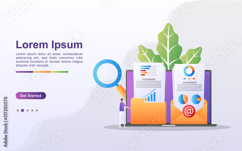 Digital marketing concept. People save and share marketing content to customer emails. Analyze and identify marketing results. Can use for web landing page, banner, mobile app. Vector Illustration