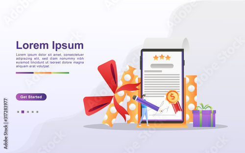 Reward program and get gift concept. People win sweepstakes, cash back programs, rewards for loyal customers, attractive offers. Can use for web landing page, banner, mobile app. Vector Illustration