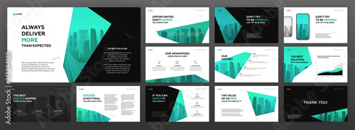 Naklejka Modern powerpoint presentation templates pack for business and construction with cityscape vector illustration on background. Brochure design, annual report, social media banner, leaflet.