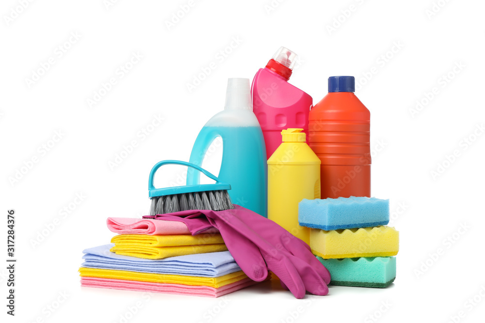 Bottles with detergent and cleaning supplies isolated on white background Bottles with detergent and cleaning supplies isolated on white background