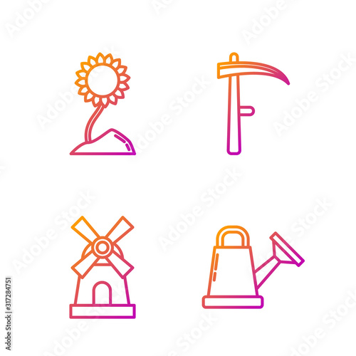 Set line Watering can, Windmill, Sunflower and Scythe. Gradient color icons. Vector