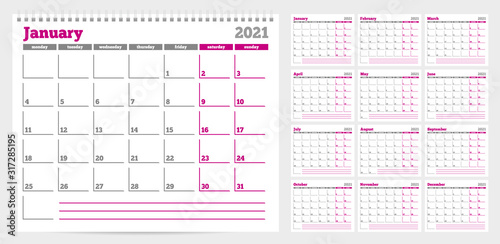 Calendar planner template 2021. Week start from Monday. Set of 12 Months. Ready for print. Vector Illustration