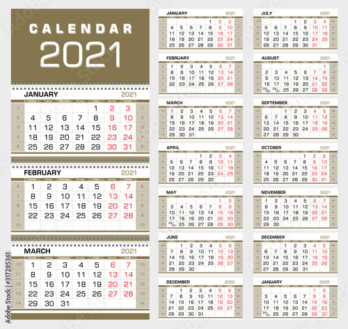 Gold wall quarterly calendar 2021 with week numbers. Week start from Monday. 14 months. Ready for print, color - Gold, Black, Red. Vector Illustration