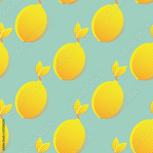 Pop-art style seamless pattern of citrus fruits in orange,  and yellow, leaves. Vector with swatch.