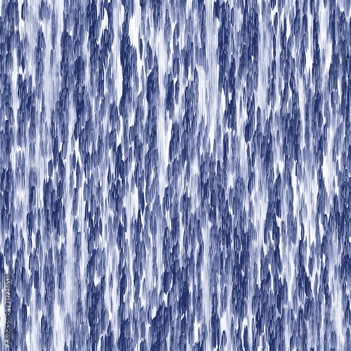 Waterfall Indigo cyanotype dyed effect distressed worn bleached graphical motif. Noisy brushed faded mottled, intricate grungy stained navy design. Seamless repeat vector eps 10 pattern swatch.