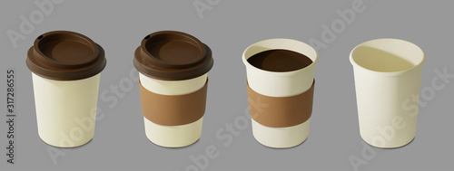 Paper realistic coffee cup. Mockup isometric coffee mugs. Disposable glass for drinks. Template for products, web banners and leaflets. Vector illustration