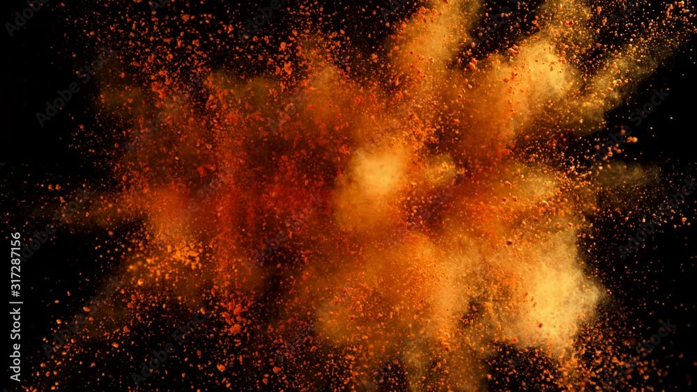 Super Slowmotion Shot of Orange Powder Explosion Isolated on Black Background at 1000fps.