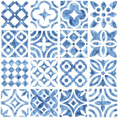 Keuken achterwand Portugese tegeltjes patronen Aquarel tegelpatroon in blauw en wit  © flovie