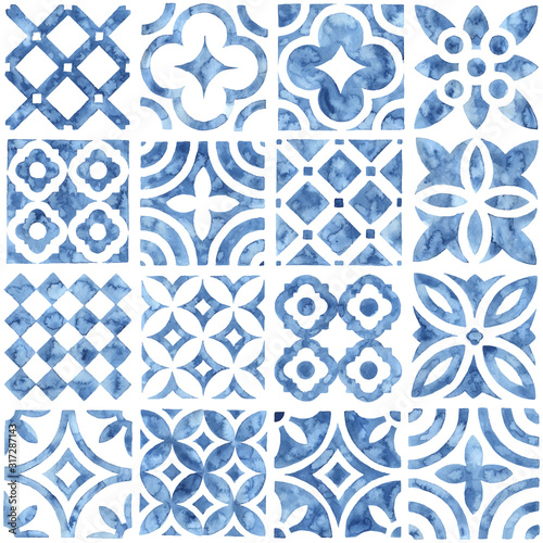 Tile seamless watercolor pattern. Blue and white patchwork style ornament. Hand made paint on paper. Print for textiles. Vector illustration.