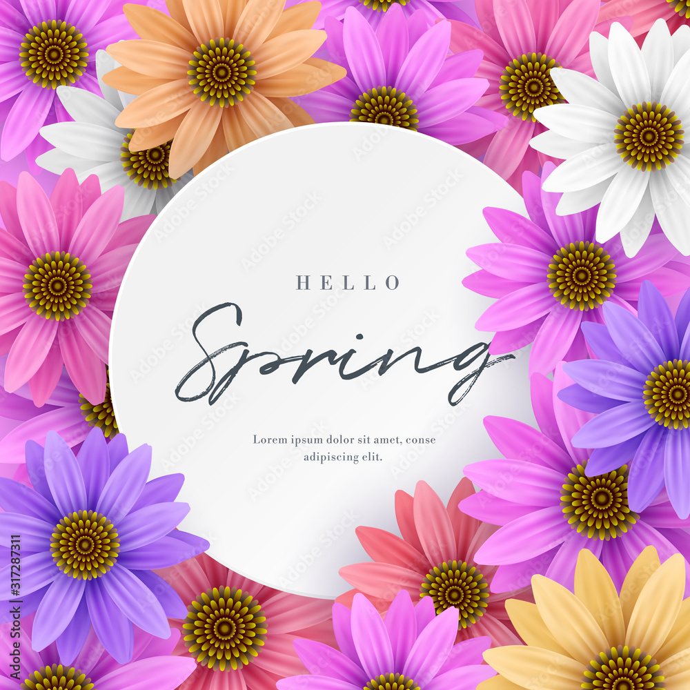 Colorful flower floral circle frame template for women's day and spring greeting invitation event background vector