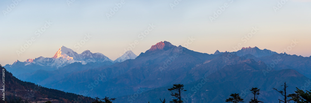 Chele La pass in Bhutan at sunset with view on Mount Jumolhari