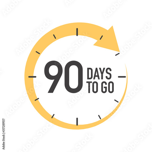 Ninety days to go icon. Round symbol with yellow arrow.