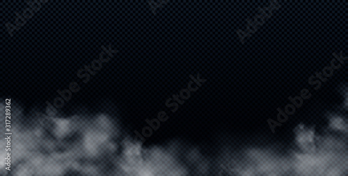 Realistic white smoke cloud isolated on transparent background. Fog, smog or cloudiness effect. Vector illustration.
