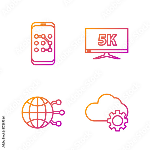 Set line Cloud technology data transfer and storage, Global technology or social network, Mobile and graphic password protection and Monitor display with 5k video. Gradient color icons. Vector
