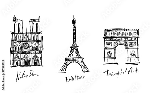 Sights of France: Eiffel Tower, Notre Dame, Arc de Triomphe.