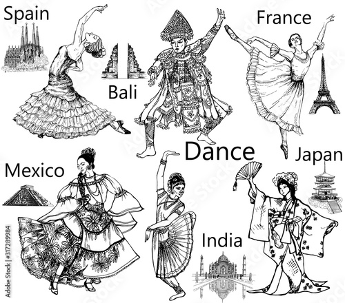 Set of hand drawn sketch style dancers isolated on white background. Vector illustration.