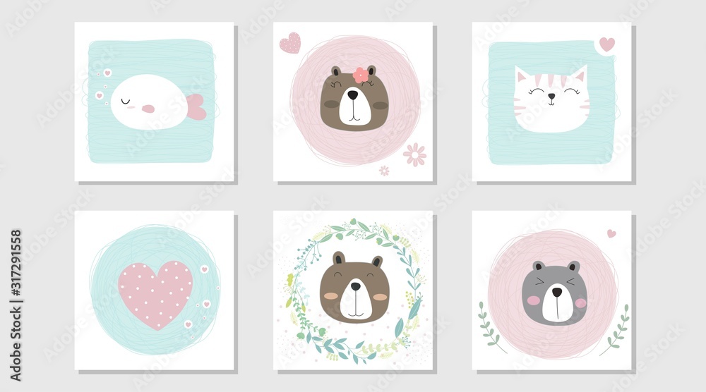 Set of six cute Valentine Day cards vector. Perfect for greeting cards. Set of six cute Valentine Day cards vector. Perfect for greeting cards.