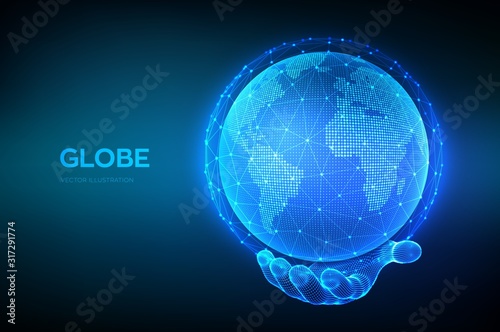 Earth globe illustration. World map point and line composition concept of global network connection. Blue futuristic background with planet Earth in wireframe hand. Vector illustration.