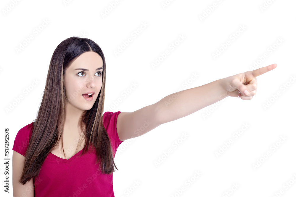young girl pointing her finger showing direction young girl pointing her finger showing direction