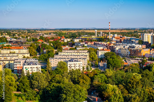 Aerial panoramic view of the town center and surroundings by the medieval Teutonic Order Castle in Malbork, Poland