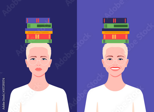 The student with books on his head is sad and cheerful. Difficulty in preparing for exams. Successful studies at school, college and university. Vector flat illustration