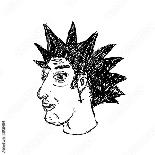 Sketch of portrait of punk with mohawk. Isolated vector illustration drawn by hand.