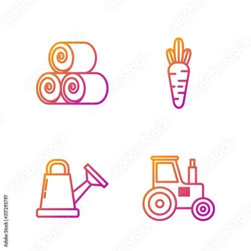 Set line Tractor, Watering can, Roll of hay and Carrot. Gradient color icons. Vector