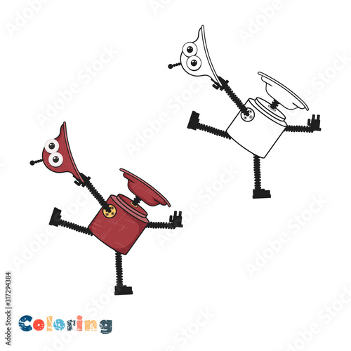 Cartoon dancing robot in retro style. Coloring vector illustration with color illustration.