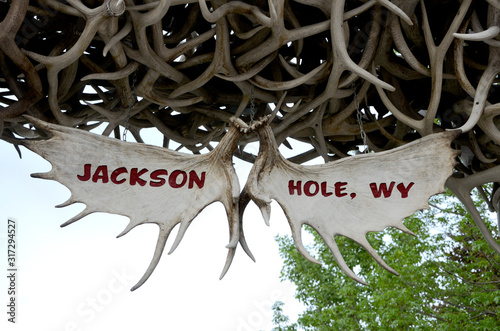 Elk antlers with the name of the city Jackson Hole. Wyoming United States