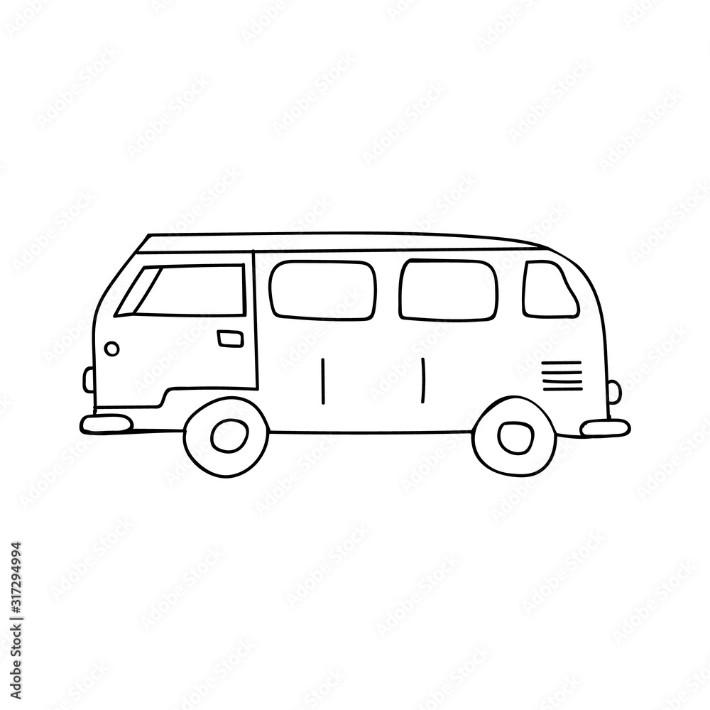 Caravan,travel camping trailer line icon, vector. Van line vector illustration. Doodle van icon vector. Line drawn van. 