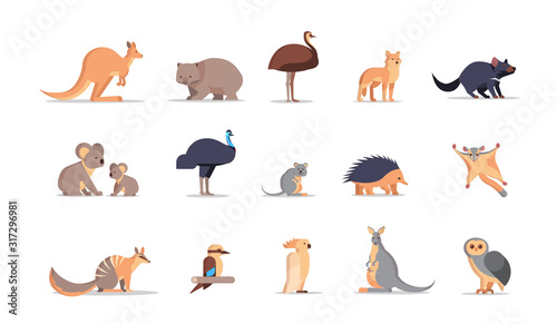 Naklejka zestaw kreskówka zagrożonych dzikich zwierząt australijskich kolekcji przyrody gatunków fauny koncepcja płaskie poziome ilustracji wektorowych