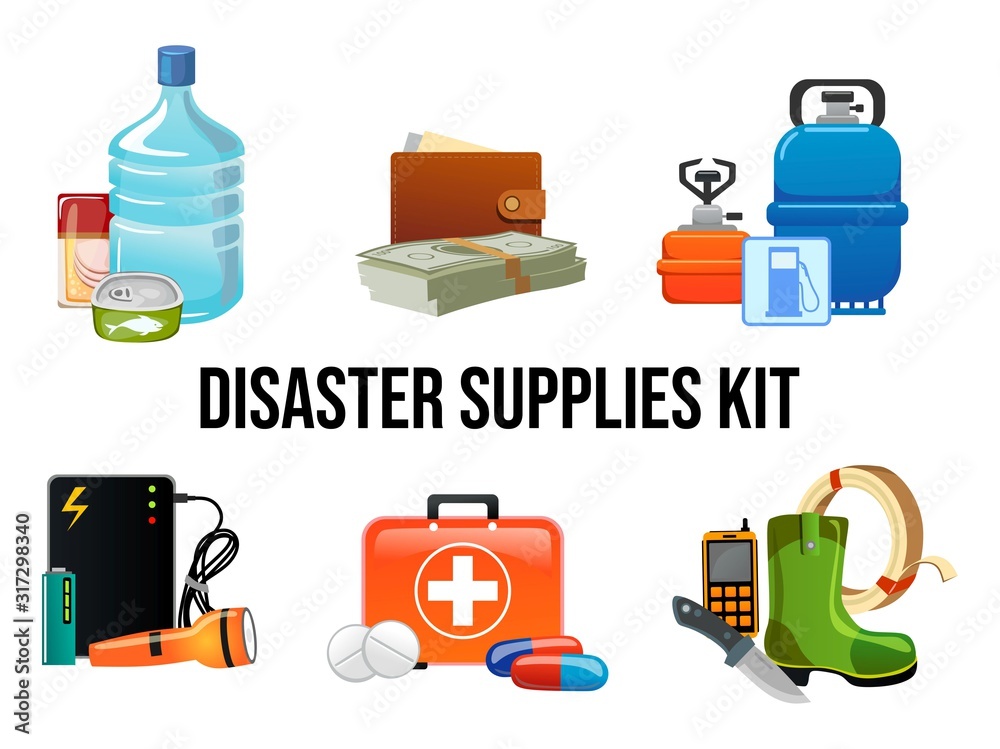 Disaster supplies kit set in cartoon style vector illustration