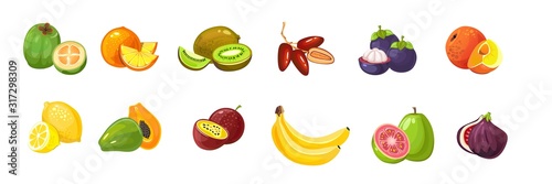Cartoon tropical exotic fruits set on white background vector illustration. Juicy collection of lemon orange banana kiwi and fig flat style design. Bright tasty vitamins concept