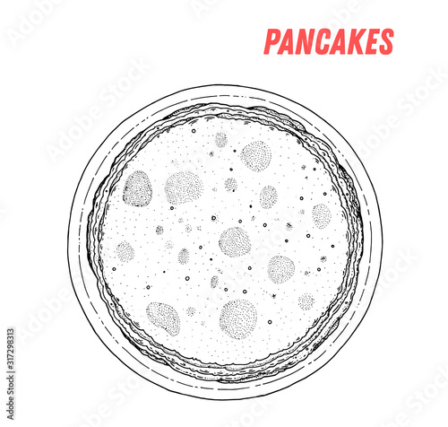 Russian pancakes blini hand drawn illustration. Russian cuisine. Linear graphic. Food sketch. Top view