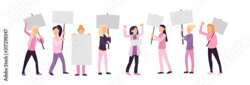 Women empowerment protest isolated on white vector illustration. Female activists holding blank placards flat style. Feminist demonstration and girl power movement concept