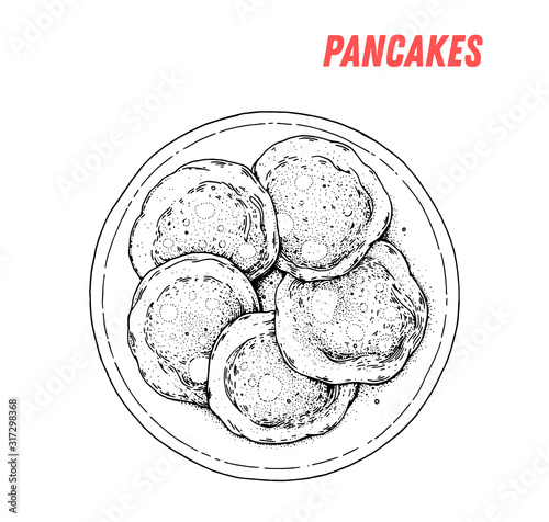 Russian pancakes oladi hand drawn illustration. Russian cuisine. Linear graphic. Food sketch.