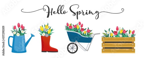 Hello spring cute card with blossoms and lettering vector illustration. Blooming flowers in shoe wooden box and watering can flat style. Greeting template and warm season concept. Isolated on white