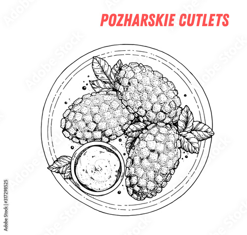 Russian pozharsky cutlet hand drawn illustration. Russian cuisine. Linear graphic. Food sketch.
