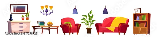 Cozy cartoon living room furniture on white background vector illustration. Sofa armchair dresser bookcase potted plant coffee table and picture flat design. Interior concept