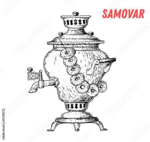 Russian samovar hand drawn illustration. Russian cuisine. Linear graphic. Food sketch. photo