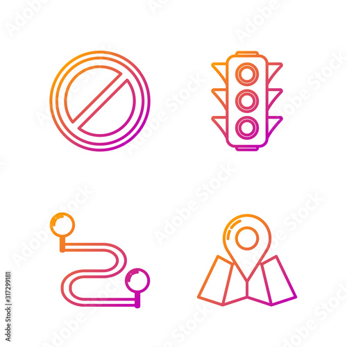 Set line Folded map with location marker, Route location, Stop sign and Traffic light. Gradient color icons. Vector