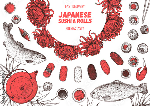 Sushi and rolls vector illustration. Hand drawn sketch. Japanese food menu design. Vintage vector elements for japanese cuisine menu. Retro style design. Food and drink collection.