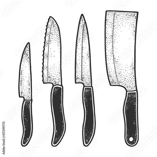 Knife set sketch engraving vector illustration. T-shirt apparel print design. Scratch board imitation. Black and white hand drawn image.