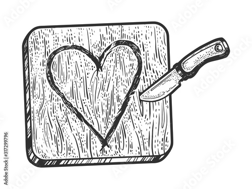 Heart symbol carved with knife in wood sketch engraving vector illustration. Romantic love lovesickness symbol. T-shirt apparel print design. Scratch board imitation. Black and white hand drawn image.
